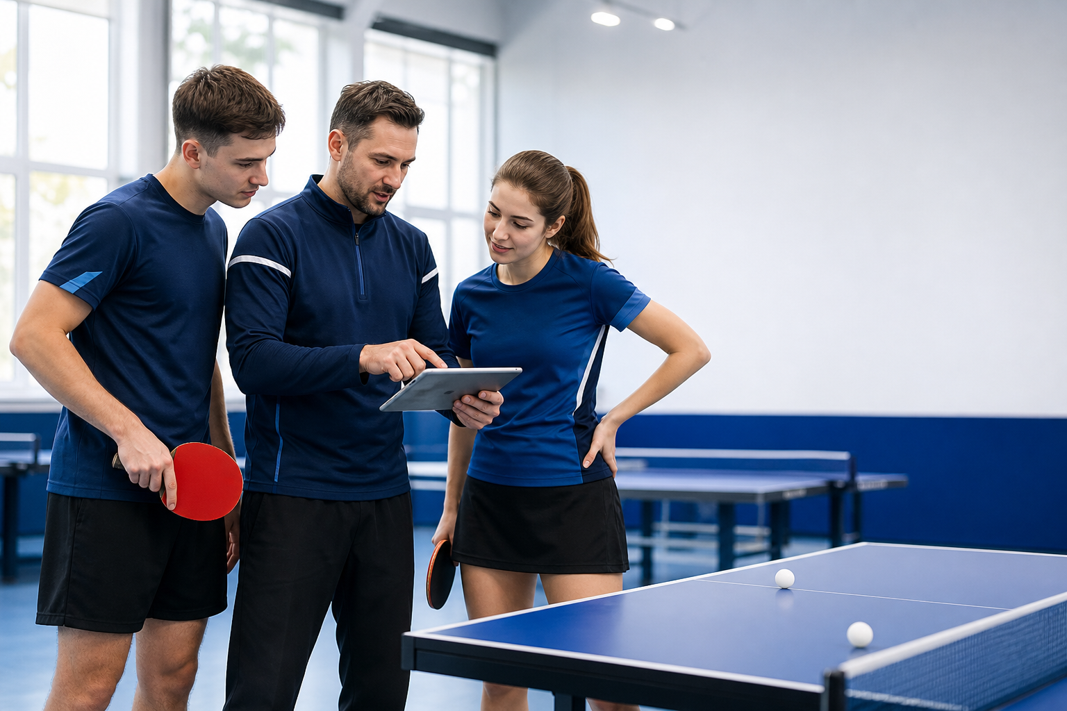 Table tennis coach working with students