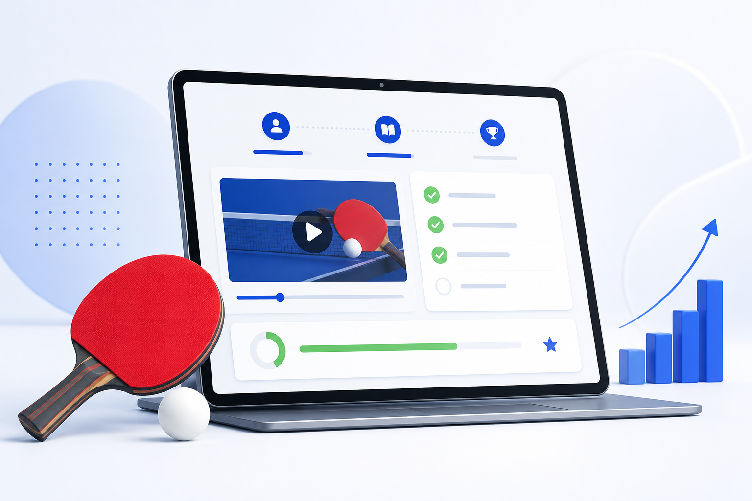 Table tennis playbook interface with lesson cards and progress